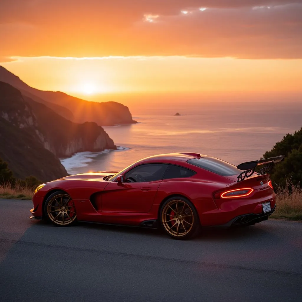 Red sports car with bronze rims parked at sunset.