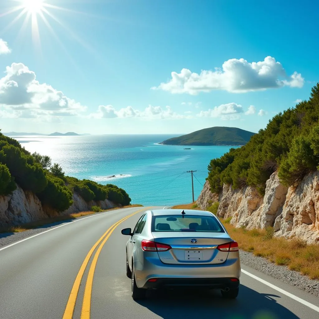 Rental car driving cautiously on a scenic coastal road