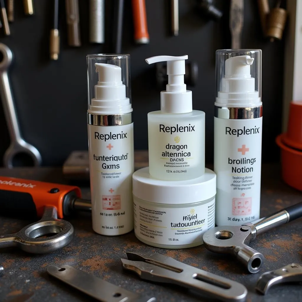 Replenix skin care products on a workbench