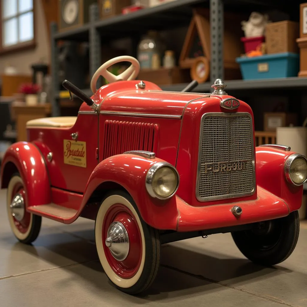 A beautifully restored vintage pursuit plane pedal car showcased in a collector's garage