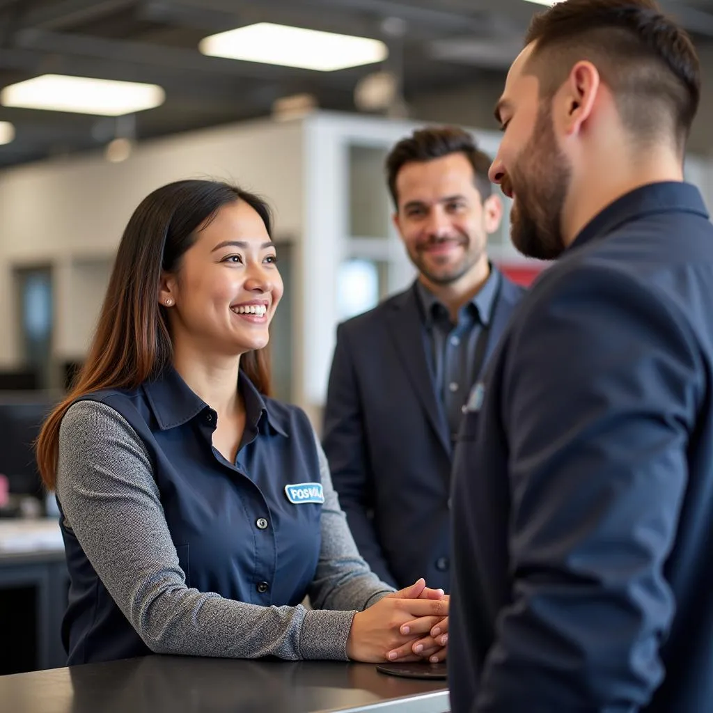 Friendly customer service representative assisting a customer at Roswell Transmission and Car Care Inc.