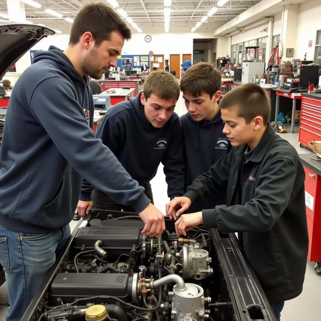 Students working on a car engine in the automotive shop at Rutherford County Career Center.