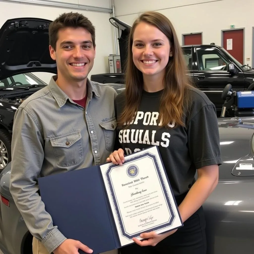 A recent graduate of the automotive program at Rutherford County Career Center proudly holds their certificate.