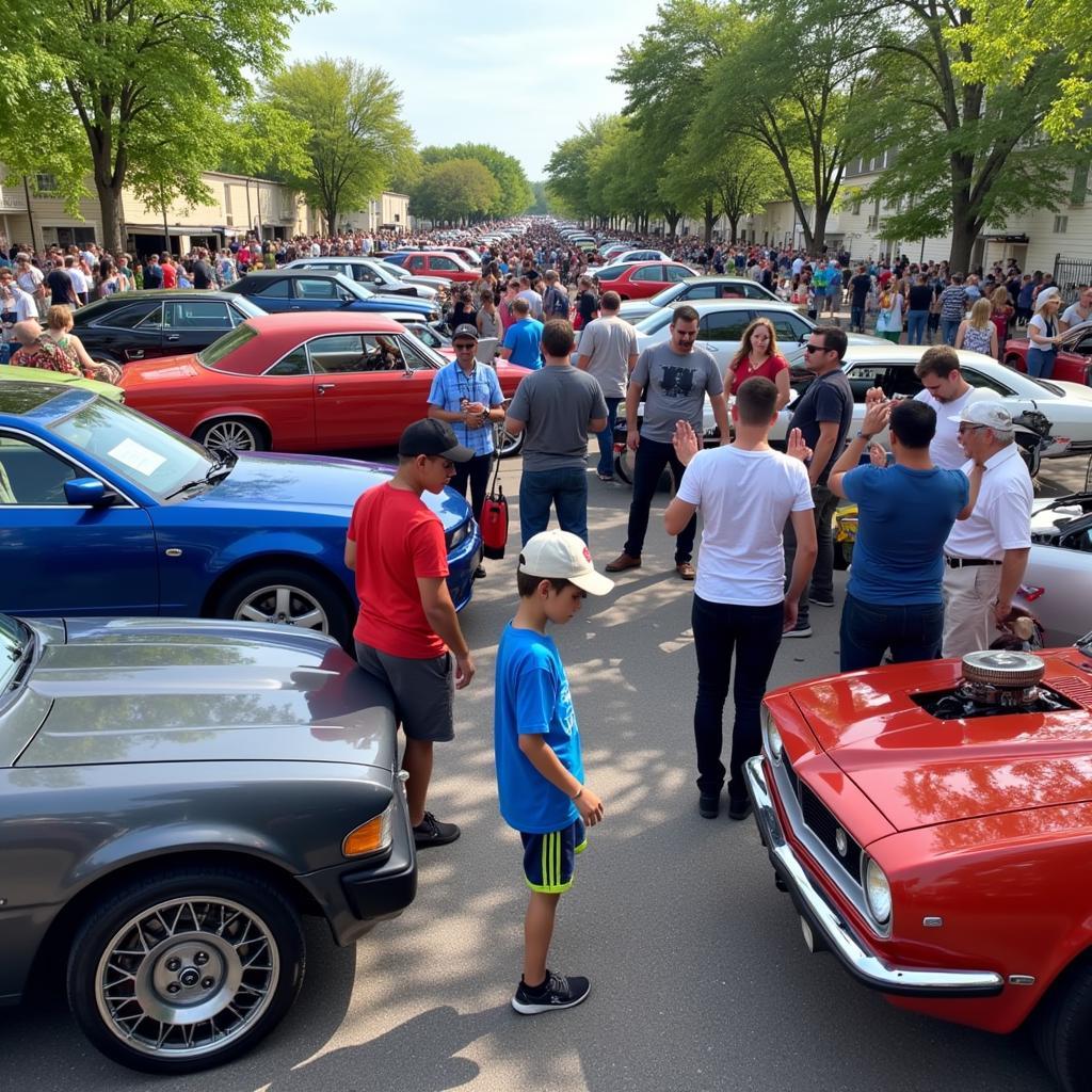 Car show attendees enjoying the atmosphere