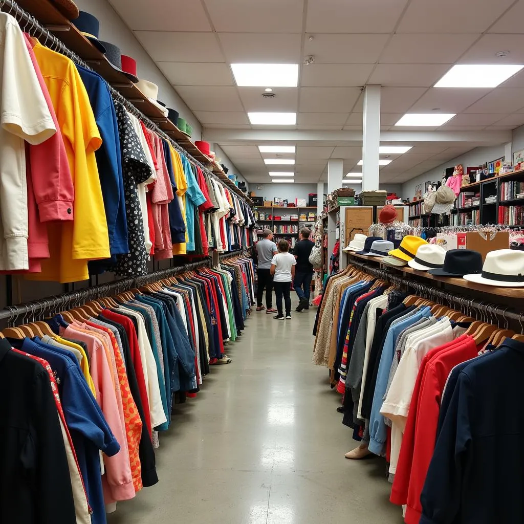 Shelves of Vintage Clothing in a Thrift Store 