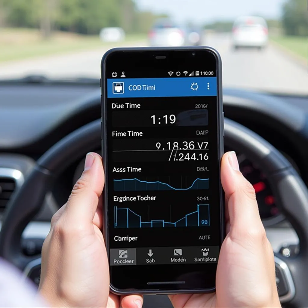 Smartphone showing car diagnostics app with an OBD WiFi adapter connected