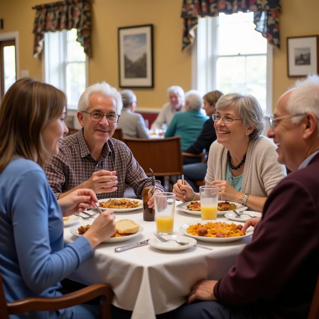 Residents enjoying a meal and conversation in the dining room