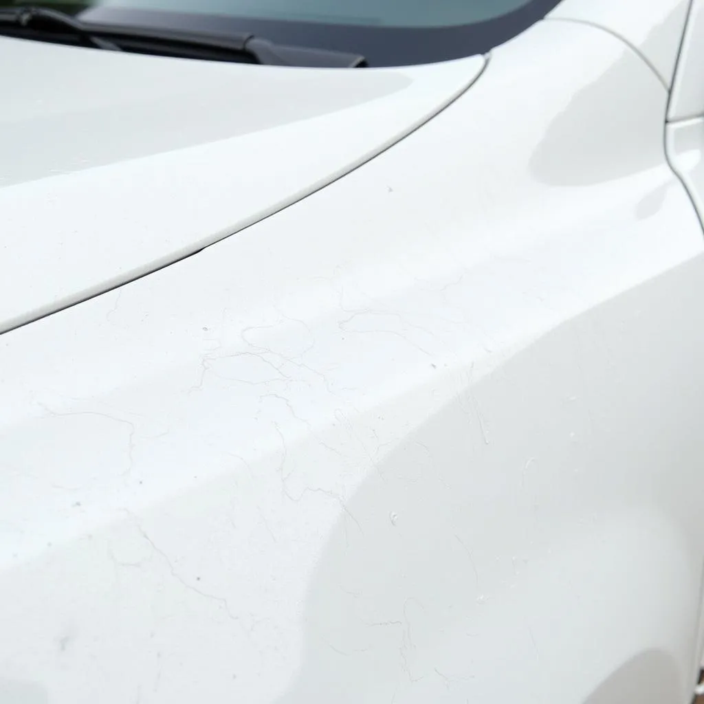 Close-up of swirl marks on a white car paint