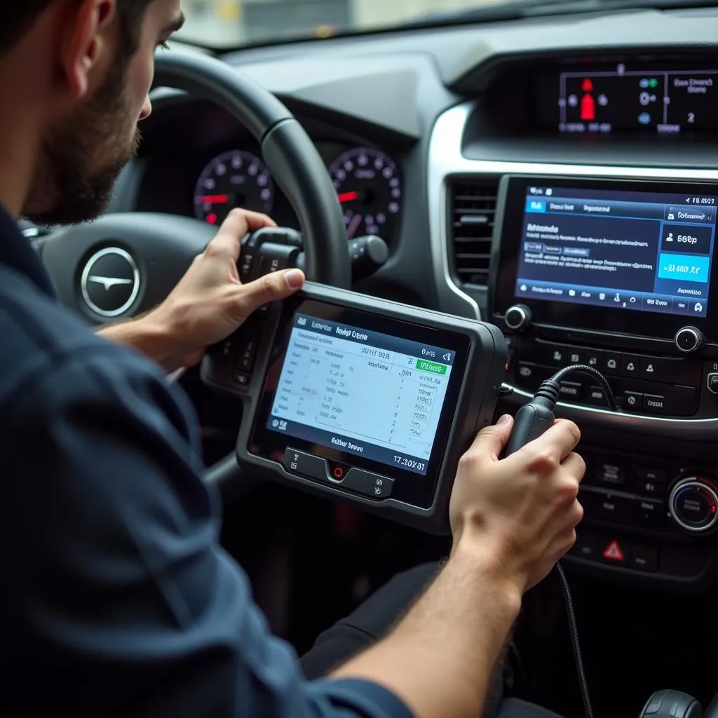 Automotive technician using a dealer-level scanner on a European car