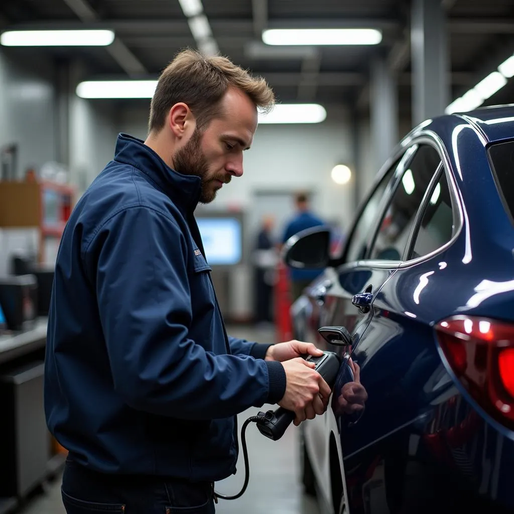 Skilled Technician Using a Dealer Scanner on a European Car