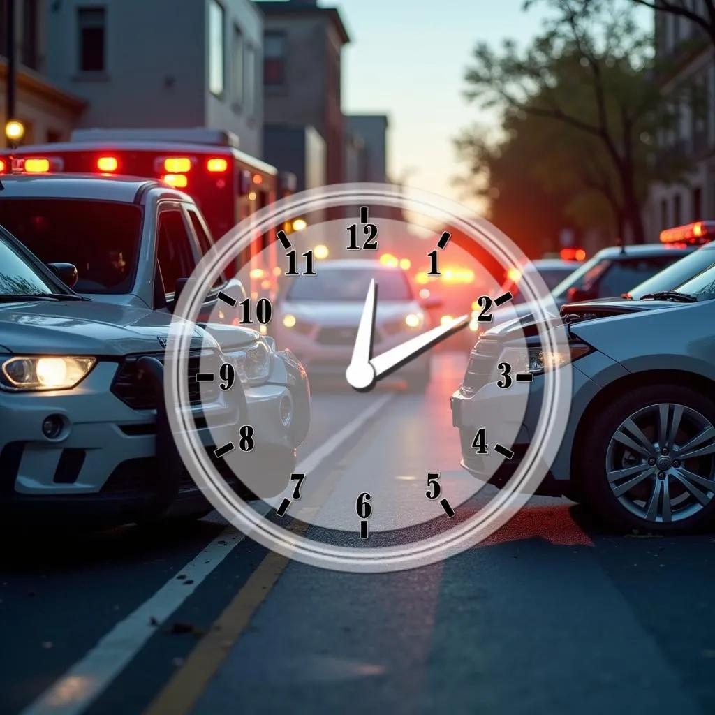 Car accident scene with a clock overlay symbolizing the statute of limitations