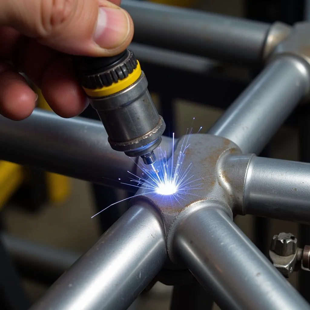 TIG welding on a car frame section