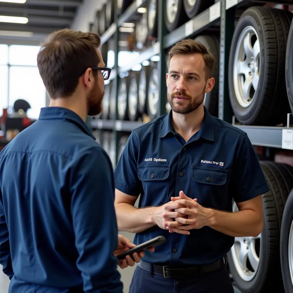 Mechanic talking to a customer in a tire shop