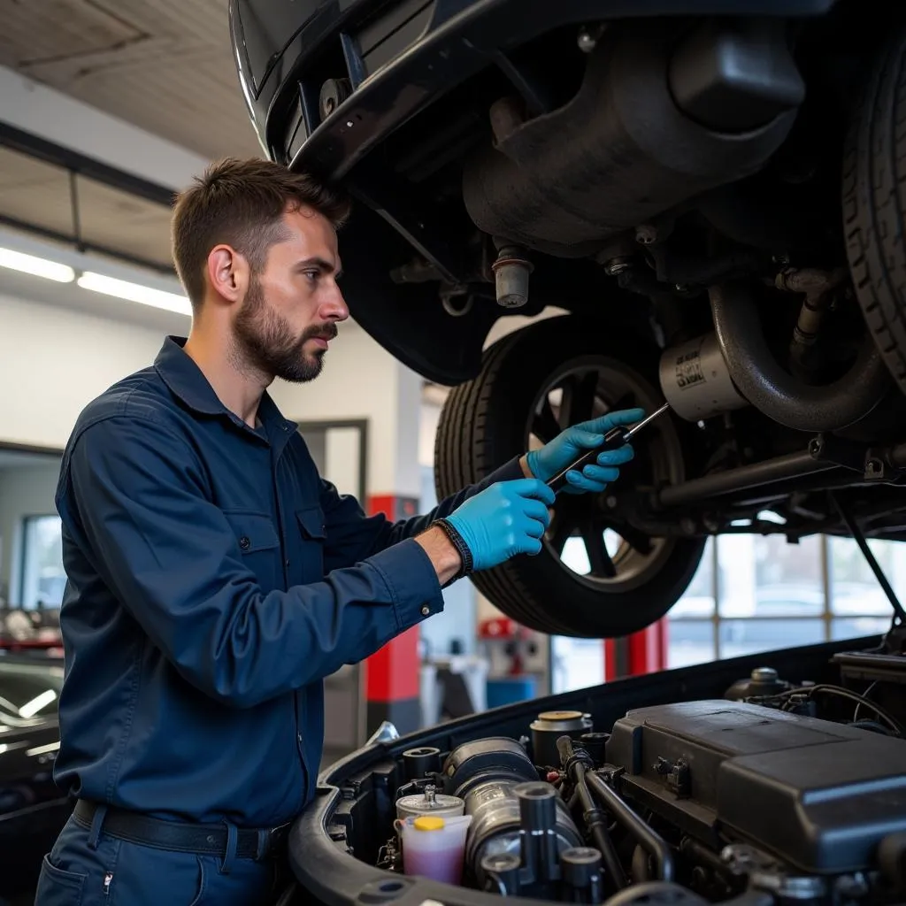 Mechanic inspecting a used car in Tri-City