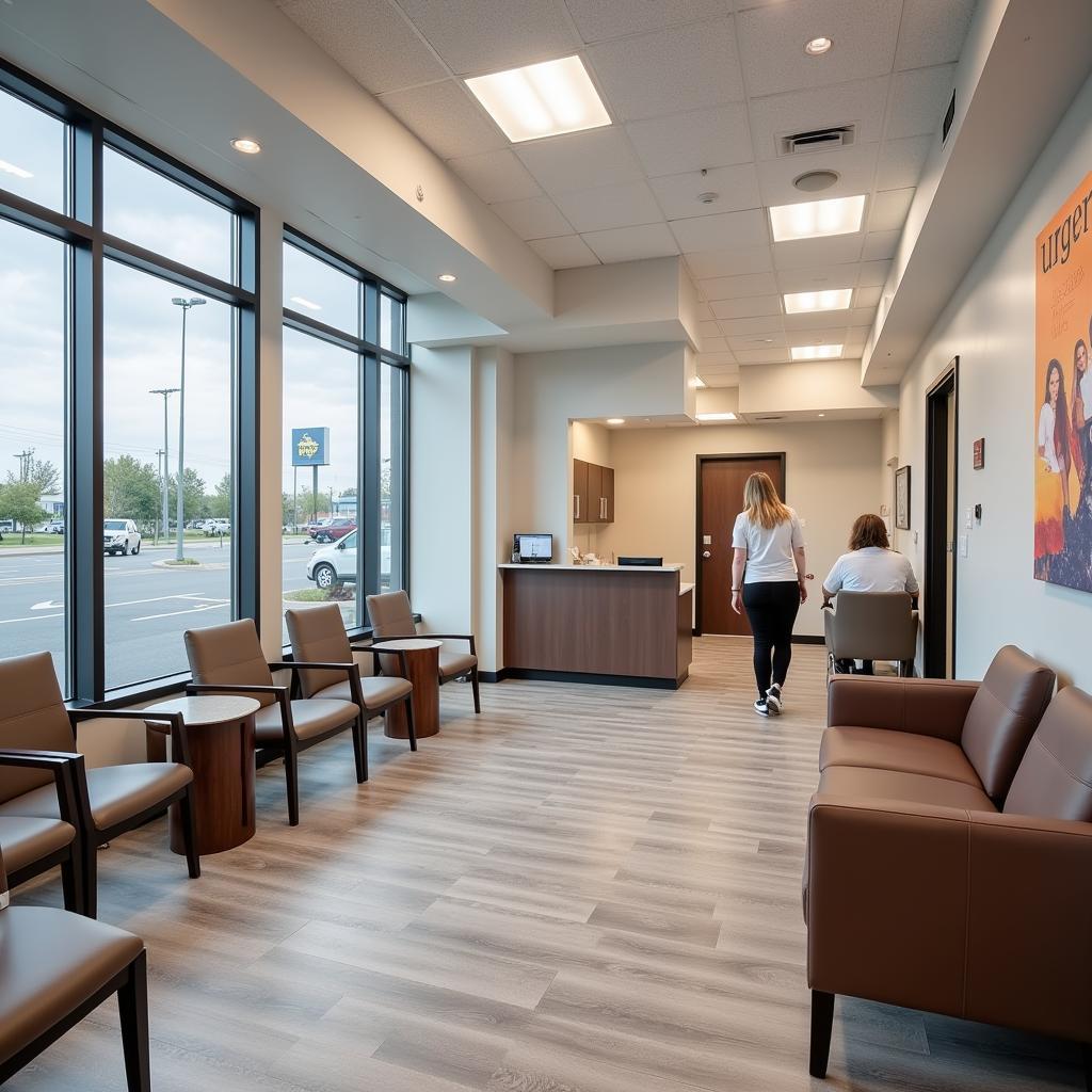 The interior of an urgent care center, with comfortable waiting areas, exam rooms, and a friendly staff