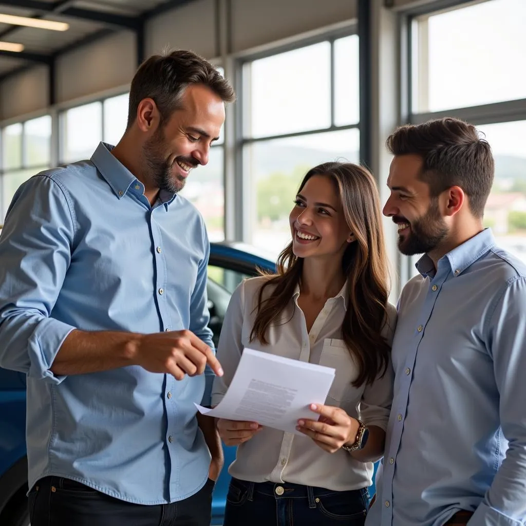 Used car salesman helping a couple