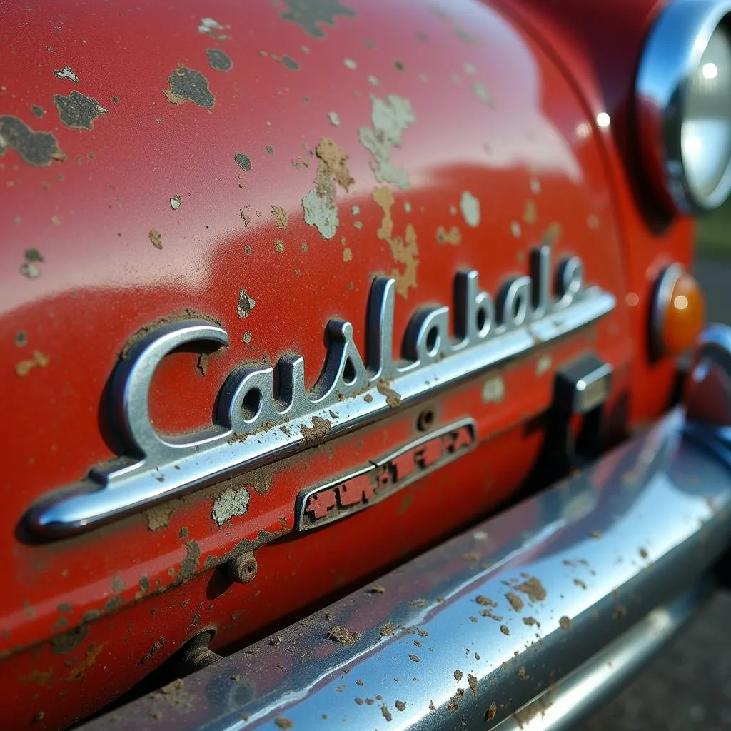 Close-up of a vintage car decal