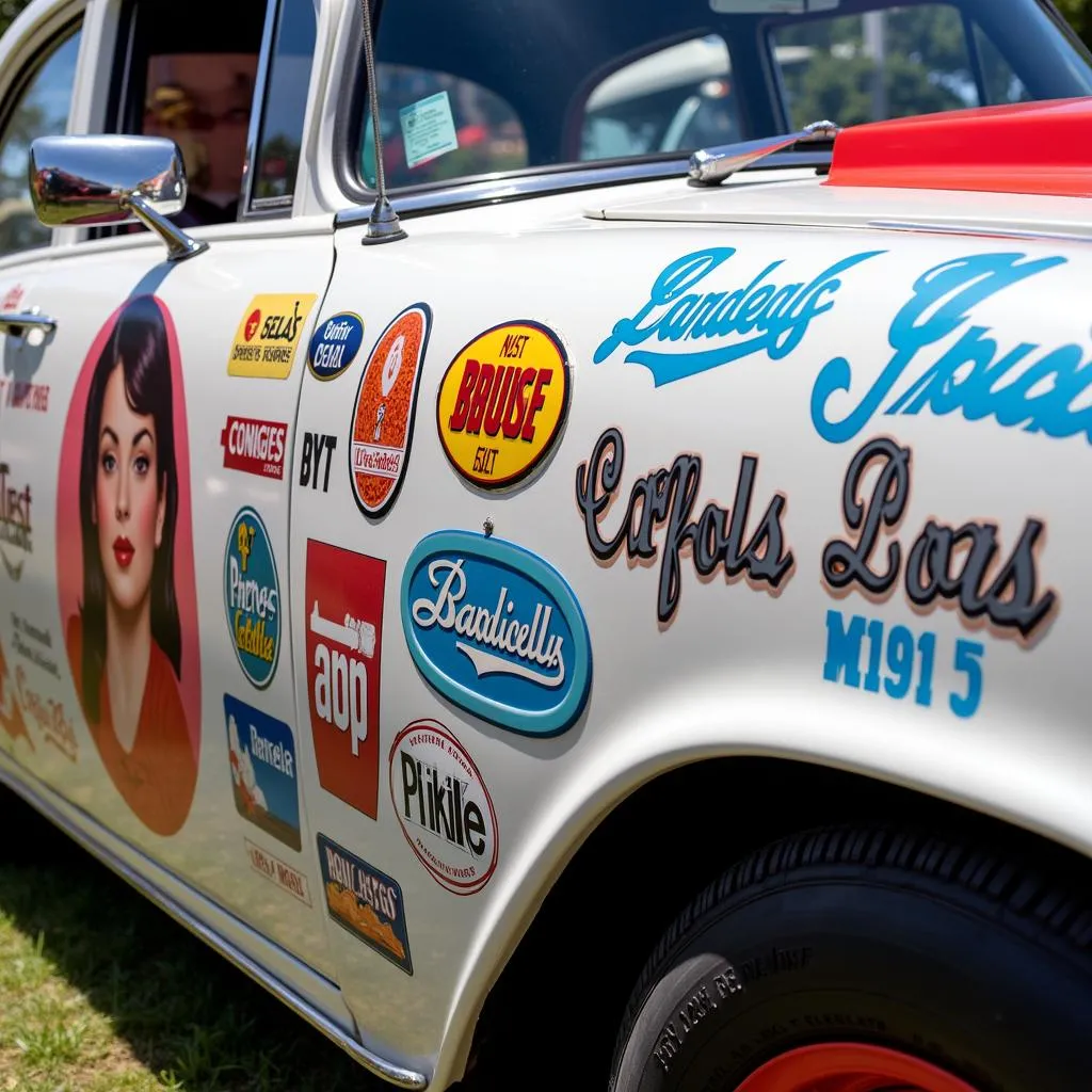 Vintage car decals on a classic car at a car show