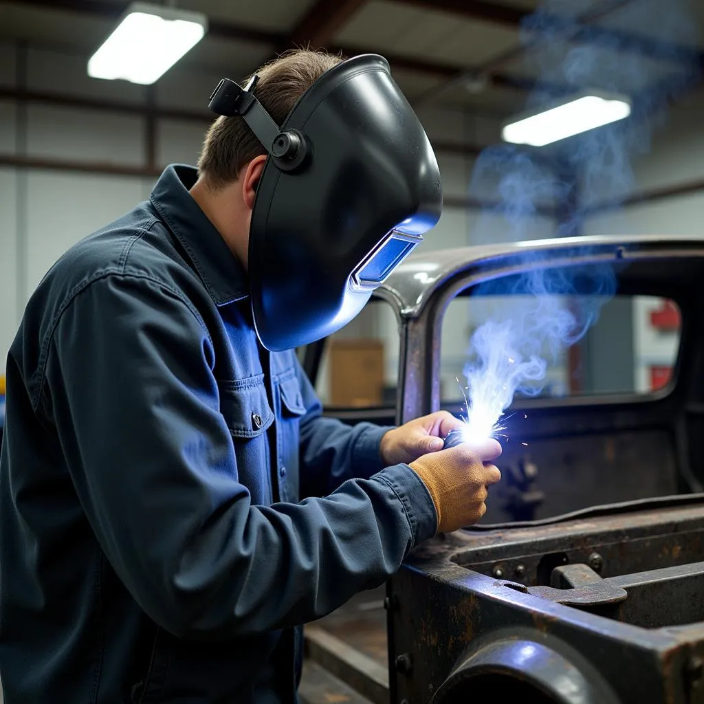 Welder wearing safety gear while working on a car frame