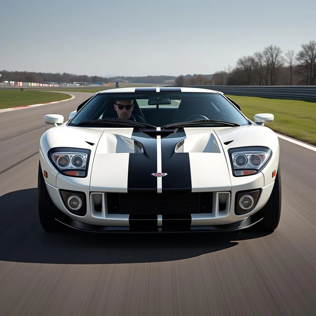 White Car with Black Stripes Racing