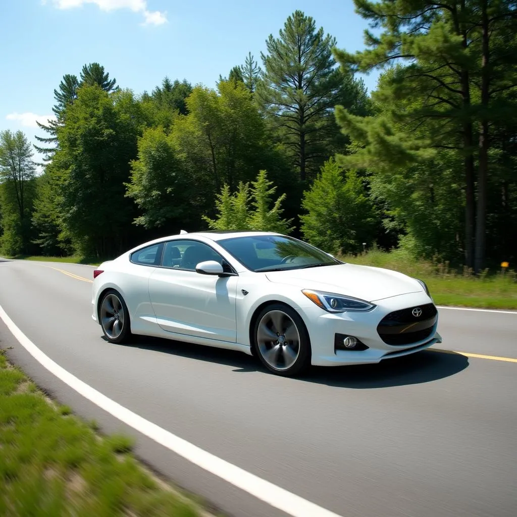 White car driving on a scenic road