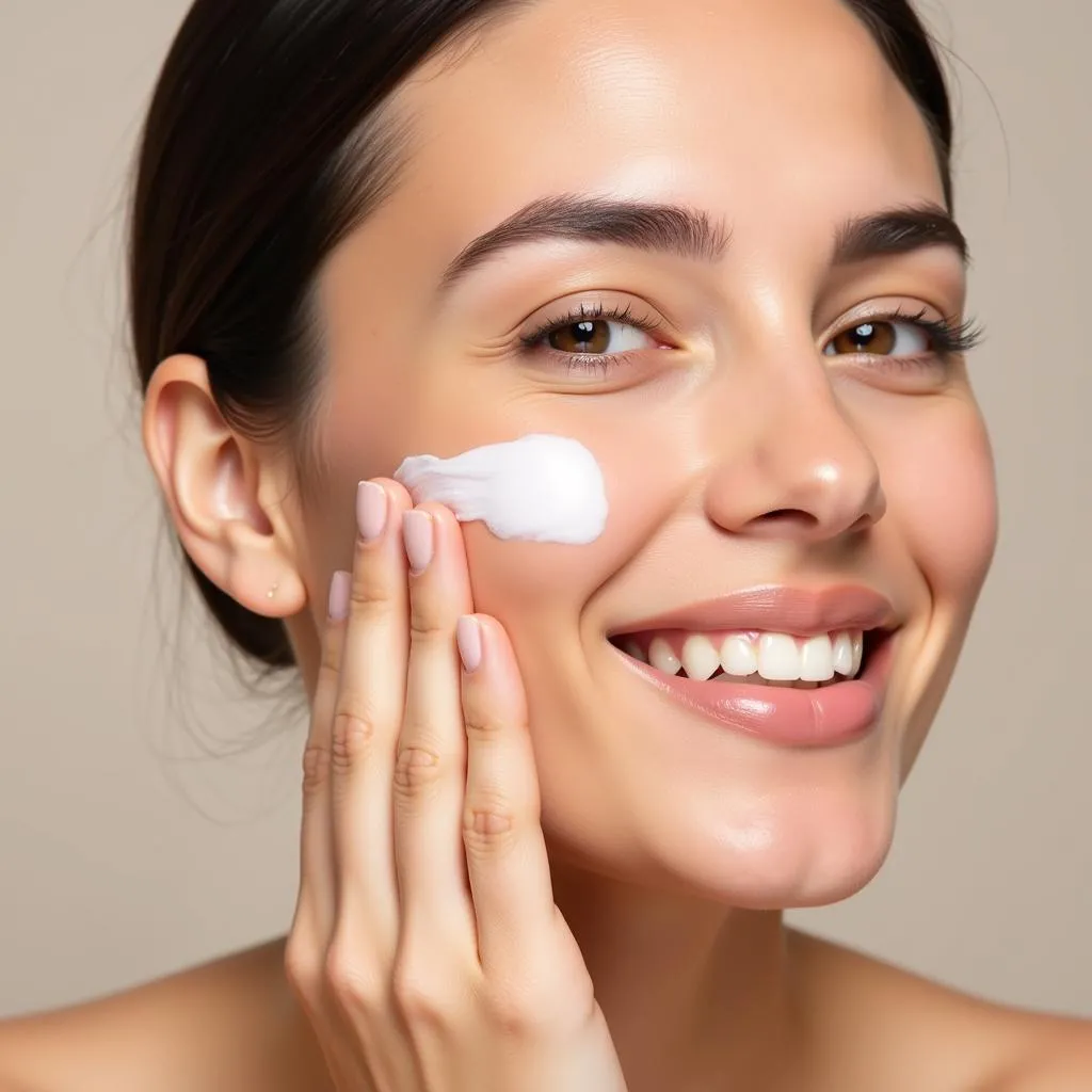 A woman applying face cream to her face