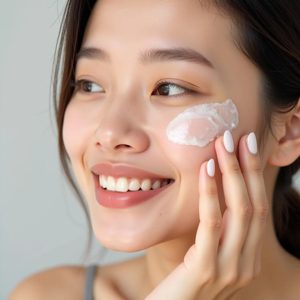 A woman with oily skin applying Korean skin care products to her face