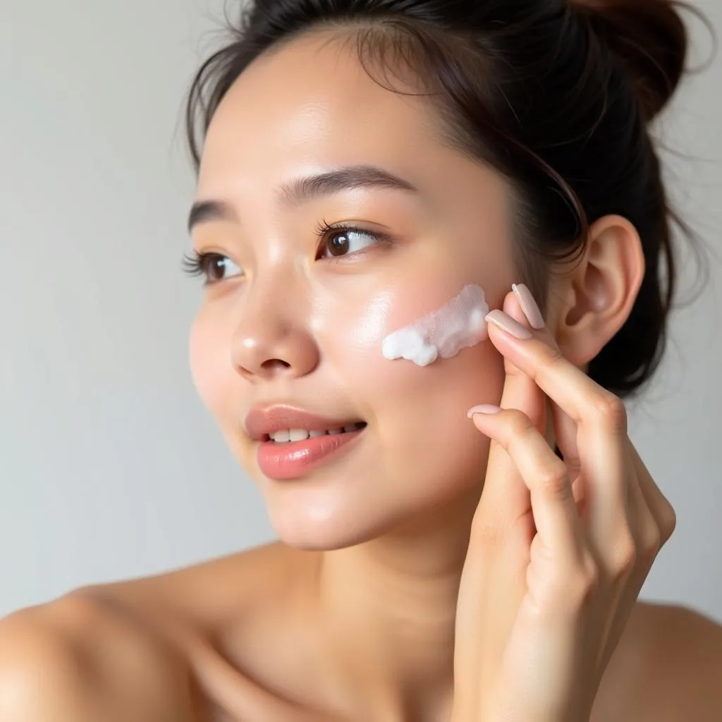 Woman Gently Applying Korean Skin Care Serum