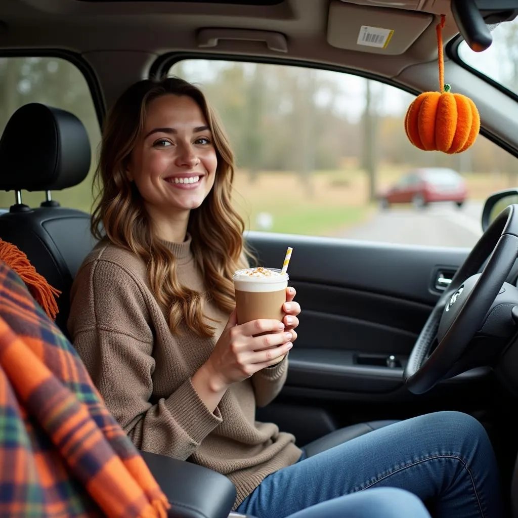 Woman enjoying pumpkin spice latte in parked car