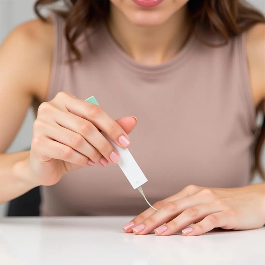 Woman filing her nails with a Swiss card nail file