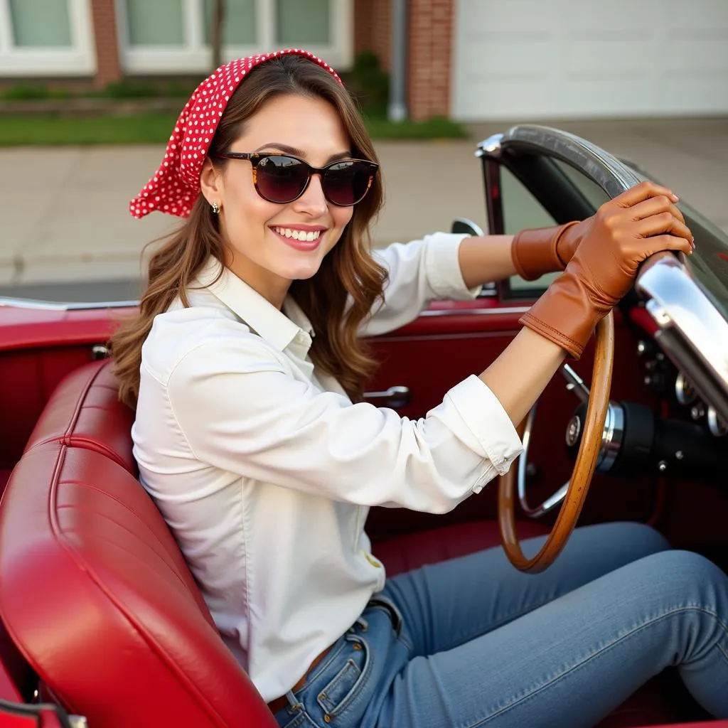 Woman in Vintage Driving Gloves and Cap Sitting in Classic Convertible