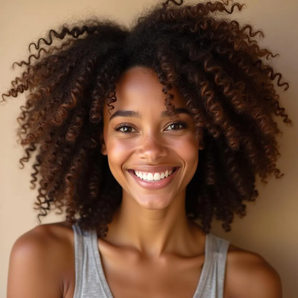 A woman with healthy, curly hair smiling broadly.